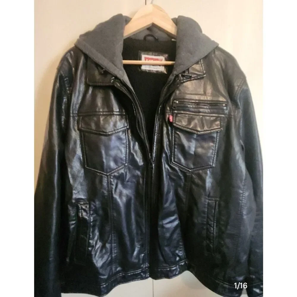 O2 Levi Strauss & Co Black soft Faux Leather Sherpa-Lined Moto Jacket w Hoodie